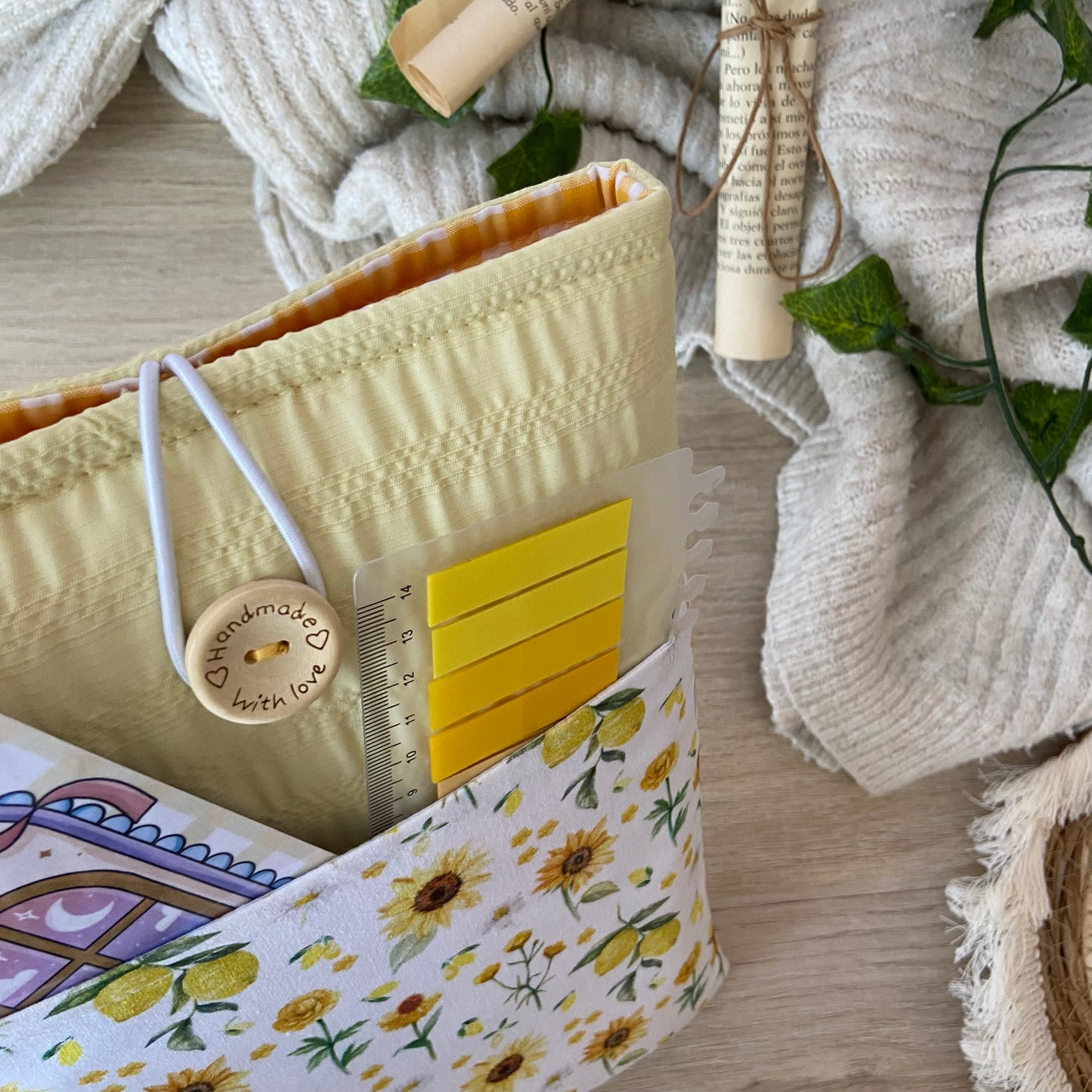 Funda literaria girasoles y limones con bolsillo