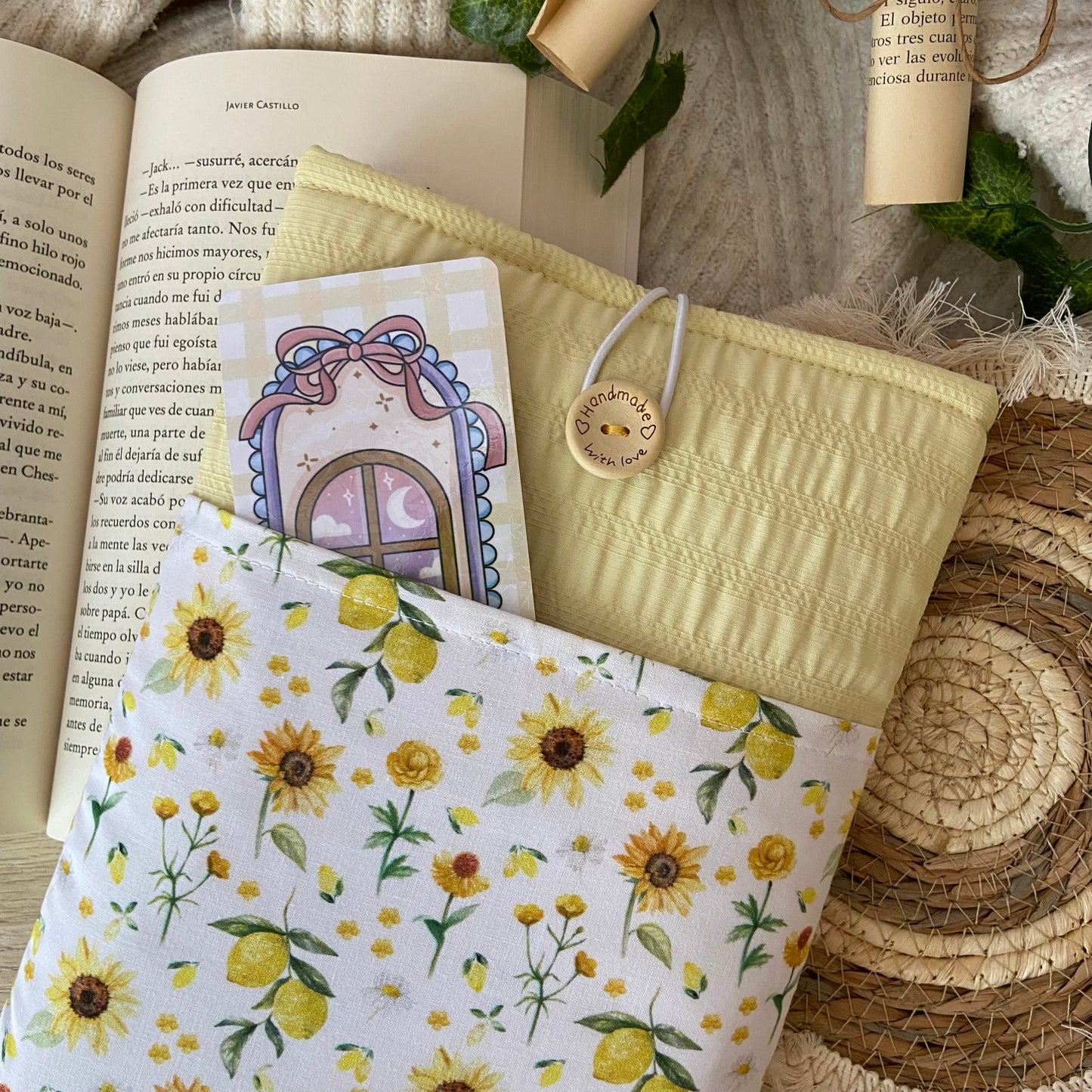 Funda literaria girasoles y limones con bolsillo