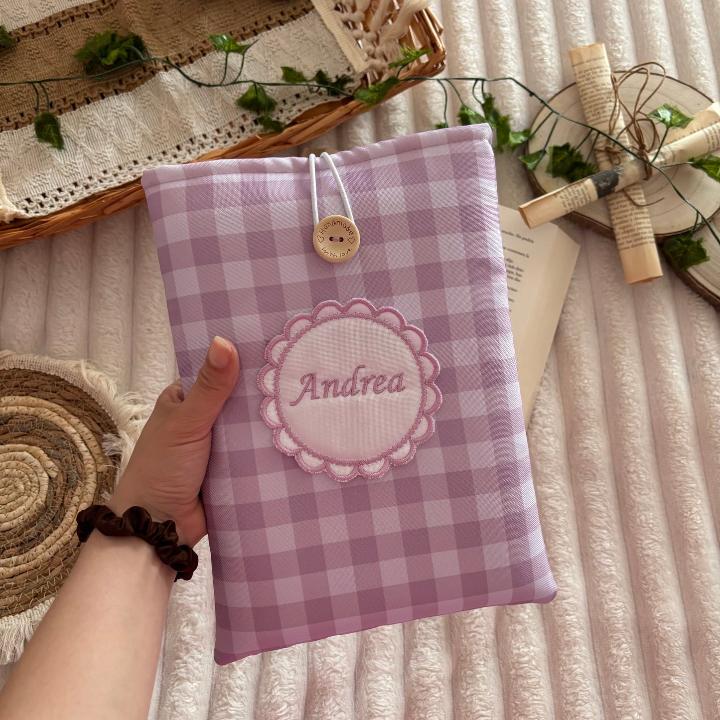 Funda literaria vichy lila empolvado impermeable