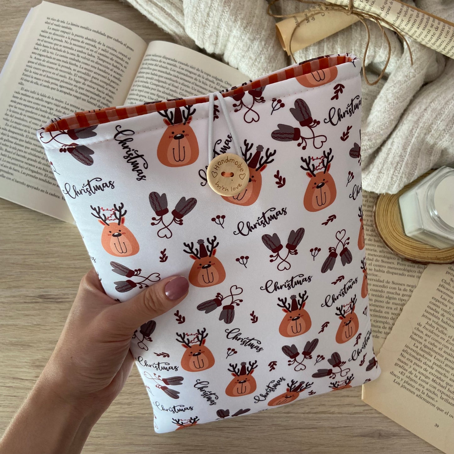 Funda literaria renos navideños