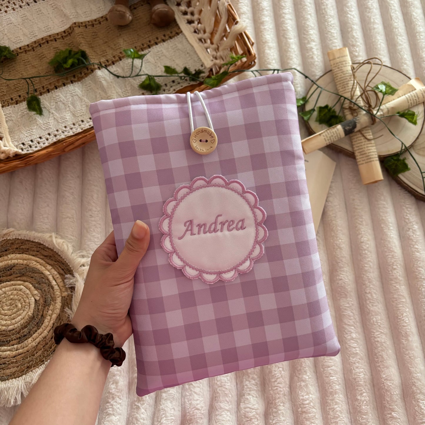 Funda literaria vichy lila empolvado impermeable