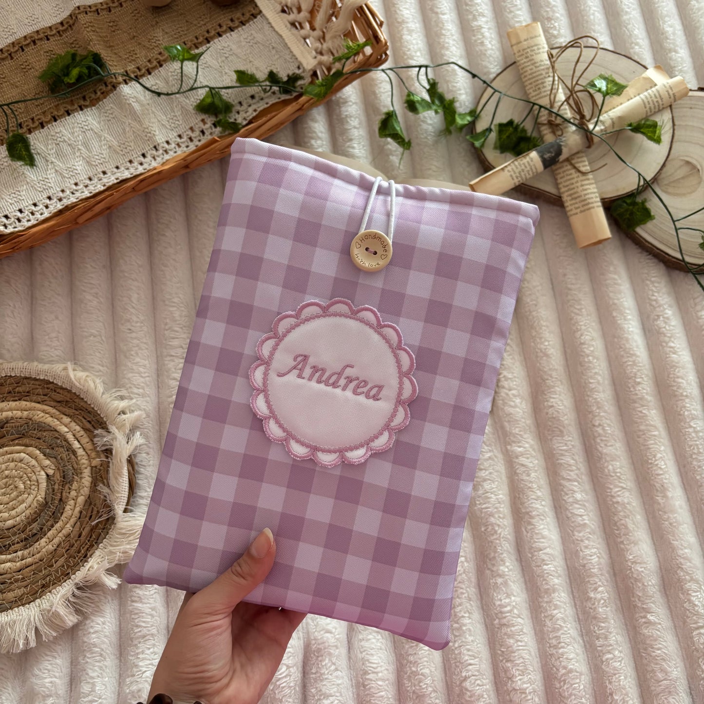 Funda literaria vichy lila empolvado impermeable