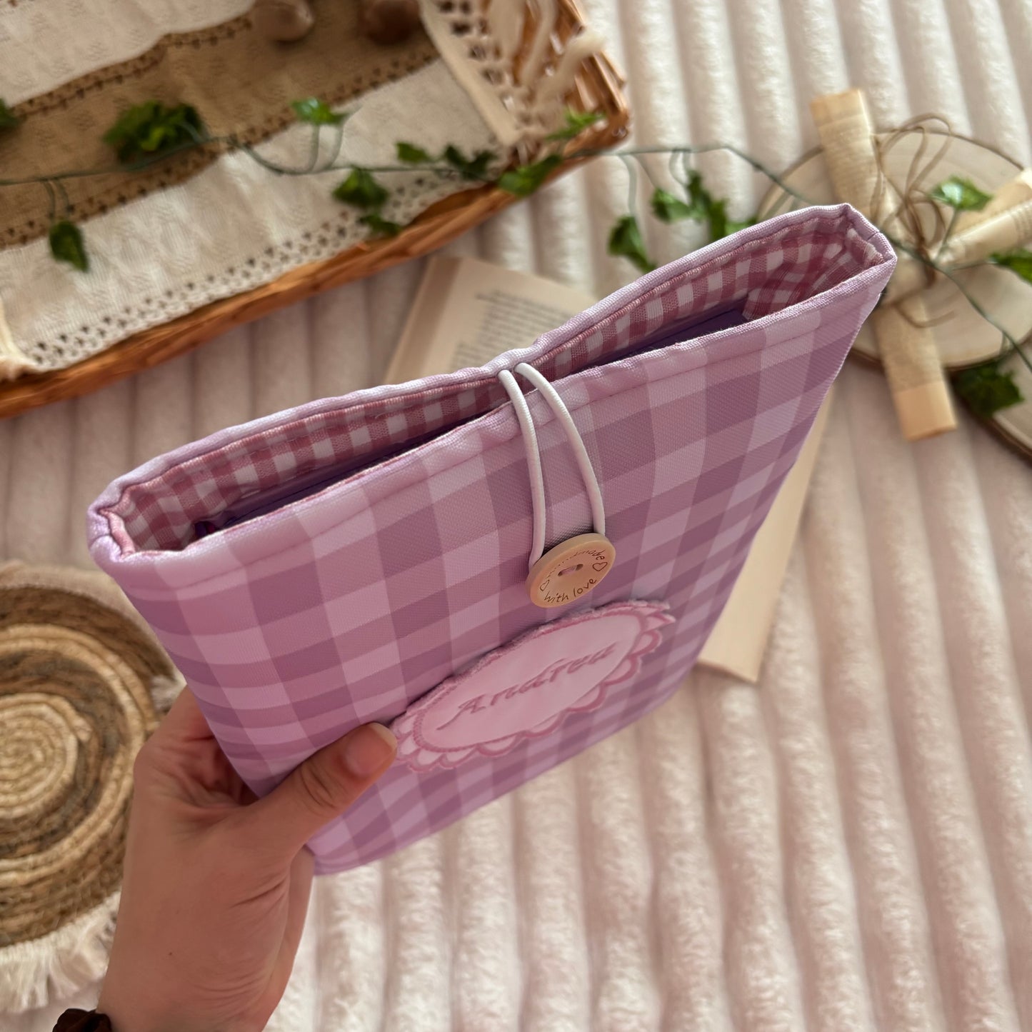 Funda literaria vichy lila empolvado impermeable