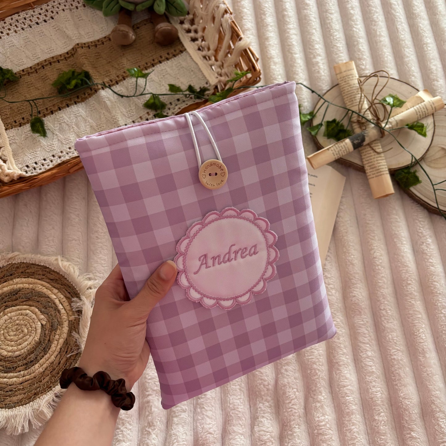 Funda literaria vichy lila empolvado impermeable