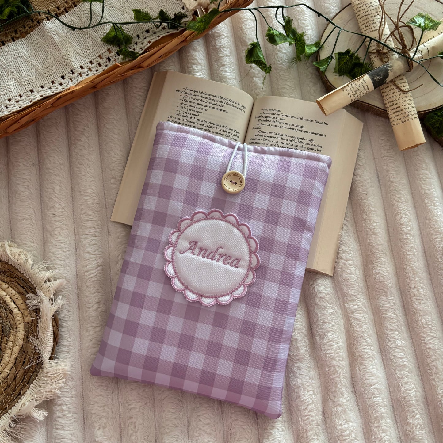 Funda literaria vichy lila empolvado impermeable