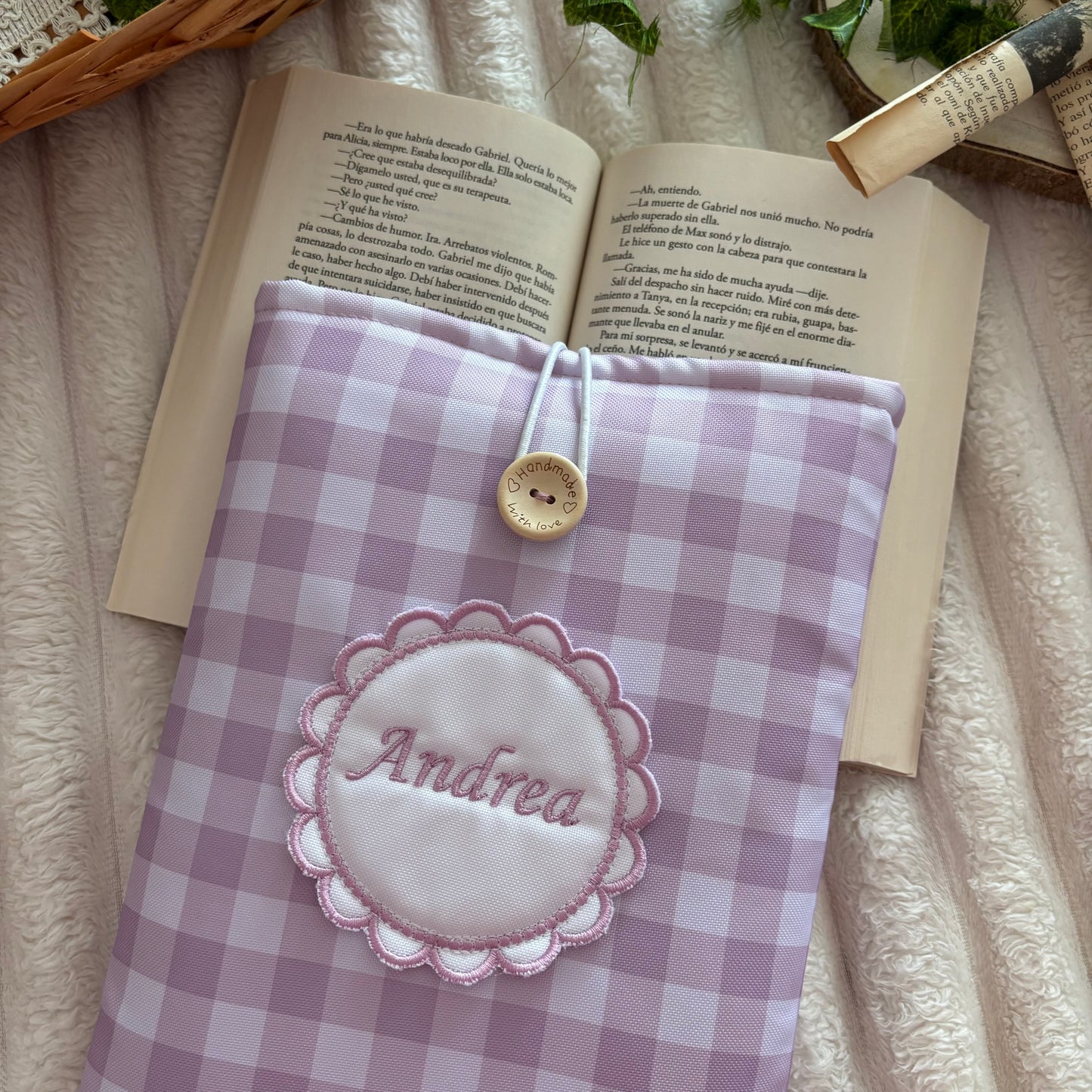 Funda literaria vichy lila empolvado impermeable