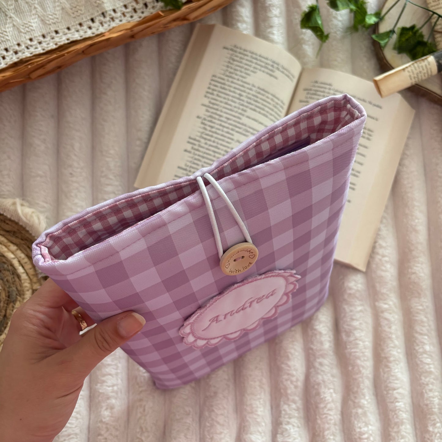 Funda literaria vichy lila empolvado impermeable