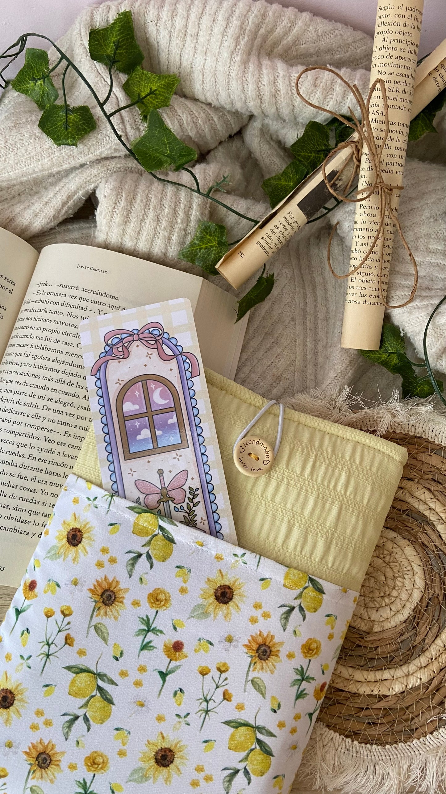 Funda literaria girasoles y limones con bolsillo