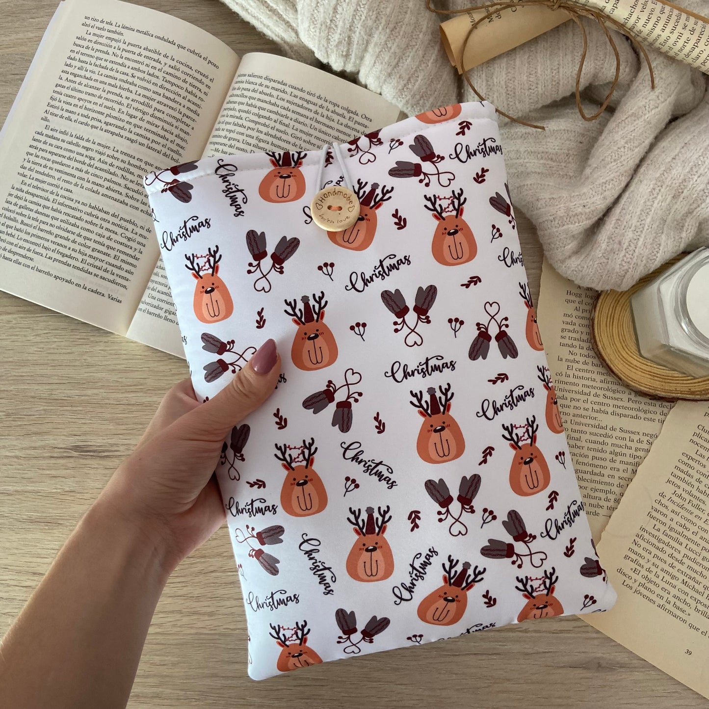 Funda literaria renos navideños